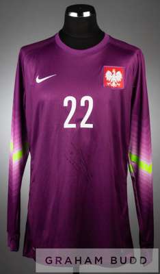 Lukasz Fabianski purple Poland no.22 goalkeeper's jersey, 2000s,
 long-sleeved with country emblem badge, NIKE logo, reverse lettered FABIANSKI, bears