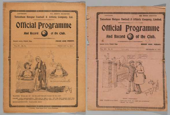 Tottenham Hotspur v Arsenal reserves programme 24th February 1912,
 and Tottenham Hotspur v Hull City programme Christmas Day 1919 (2)