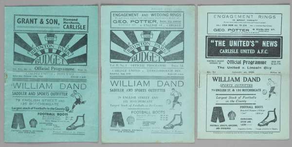 Three Carlisle United home programmes,
 FL Division Three (North) fixtures v Lincoln City 1st January 1929, reserves v Middlesbrough reserves 27th Aug