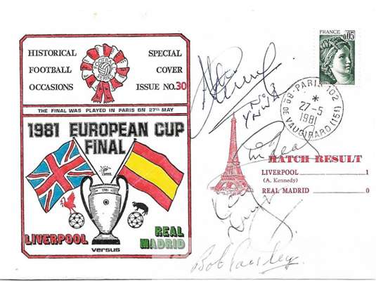 Liverpool signed Official Football Series First Day Cover Number 30 celebrating Liverpool's 1981 European Cup Final victory over Bruges 1-0 in Paris, 