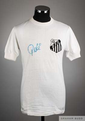 Pele white No.10 Santos short-sleeved shirt, 
 Athleta, with crew-neck collar and felt badge inscribed S.F.C., the front of the shirt also autographed