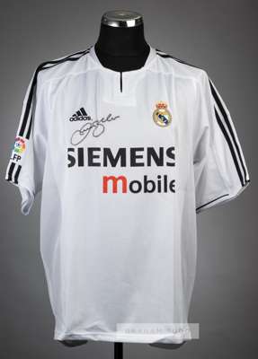 David Beckham signed white Real Madrid replica jersey,
 Adidas, signed in black marker pen on front, with Pixsportique COA