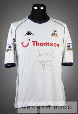 Stephen Carr signed white Tottenham Hotspur No.2 home jersey, season 2003-04,
 short-sleeved, with BARCLAYCARD PREMIERSHIP sleeve badges, embroidered 