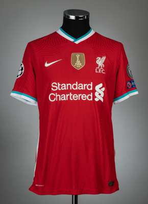 Virgil van Dijk red Liverpool UEFA Champions League no.4 jersey, season 2020-21,
 match issue, Nike, short-sleeved UEFA STARBALL, CHAMPIONSLEAGUE WINN