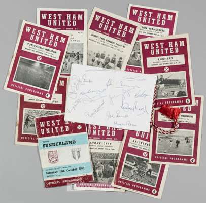 West Ham United FC banquet dinner menu signed by Bobby Moore, Geoff Hurst, Martin Peters, held at London Hilton 2nd May 1964, 
 further signature incl
