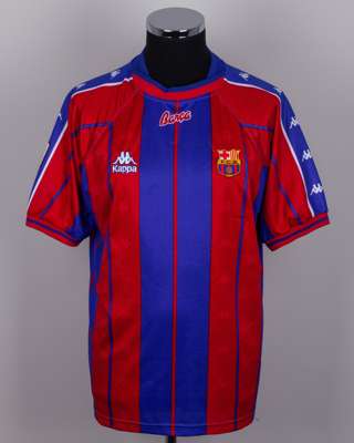 Albert Ferrer garnet and blue No. 2 Barcelona v. Real Oviedo match worn shirt, 1998