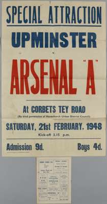 Upminster v. Arsenal "A" Friendly Match advertising poster, 1948, 
 offset lithograph in colours. horizontal and vertical folds, some areas of stainin