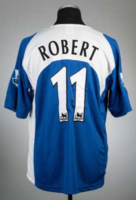 Laurent Robert, blue and white Portsmouth no.11 home jersey, season 2005-06,
 Jako, short-sleeved with BARCLAYS PREMIERSHIP sleeve badges, club crest 