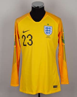Nick Pope yellow and green No.23 England v. Belgium goalkeepers shirt, 2018