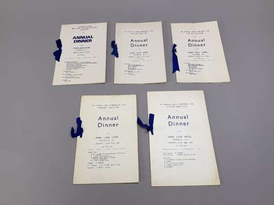 Five Football League Secretaries' and Managers Association menu cards, 1965 to 1977, comprising: 1965; 1967; 1971; 1972; and 1977 (5)