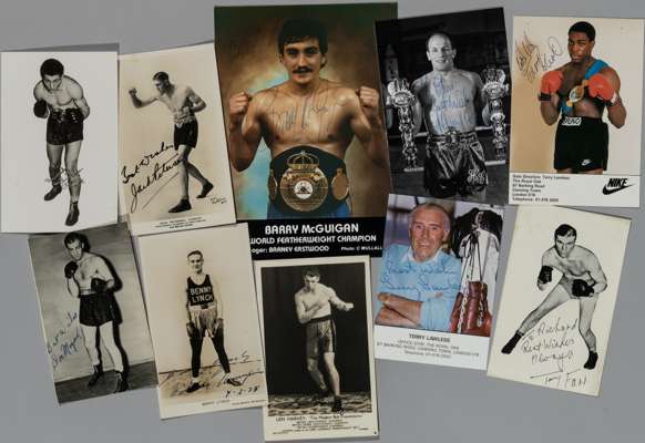 A rare Benny Lynch signed postcard, 1928, 
 inscribed Benny Lynch, World Champion, 7.2.28, seven other autographed boxing cards including Don Mogard, 