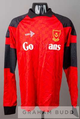 Alan Knight red and black Portsmouth no.1 goalkeeper's jersey, circa 1990,
 by Scoreline, long-sleeved with padded elbows and shoulders, embroidered c
