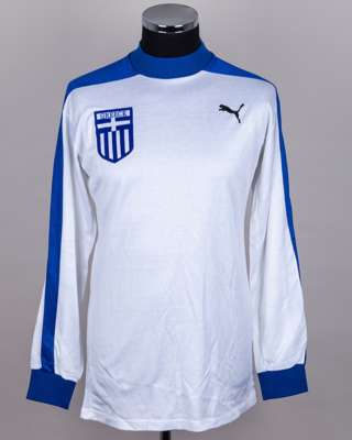 White and blue No.12 Greece v. England long-sleeved shirt, 1983
