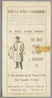 Crewe Alexandra v Rotherham 30th April 1938 FL Division Three (North) fixture; sold together with a Crewe reserves Central League fixture away at Hudd