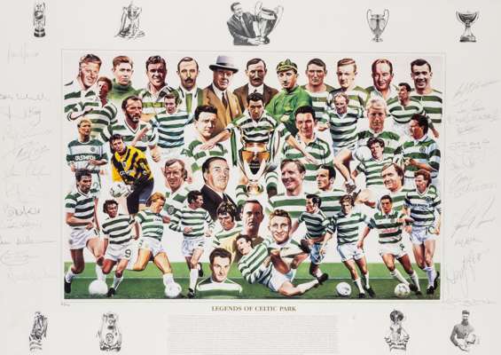 Signed Legends of Celtic Park limited edition print by Wyatt Russell,
 the colour print depicting player profiles of Celtic Park's legends, with typed