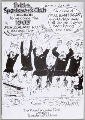 NEW ZEALAND TO U.K. 1993 RUGBY UNION AUTOGRAPHED SPORTSMAN'S CLUB MENU, 

SUPERB ORIGINAL FOLDOVER BANQUET MENU SIZE 10 BY 7IN. FROM THE LUNCHEON GIVE