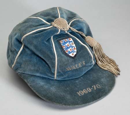 England v Wales football representative cap 1969-70 awarded to Francis H Lee,
 blue velvet cap with silvered tassel and braiding, with embroidered Eng