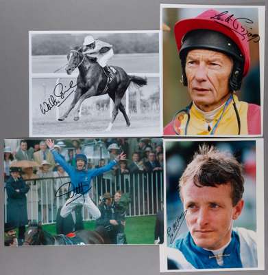 Collection of autographs signed by top flat jockey's and trainer's,
 including Eddery (3), Dettori (4) (including McCoy), Piggott (3), Swinburne, Fall