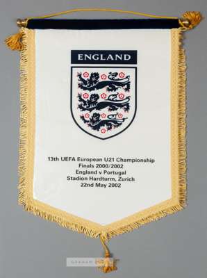 UEFA European U-21 Championship Finals England v Portugal official presentation match pennant, played at Stadion Hardturm, Zurich, 22nd May 2002,
 the