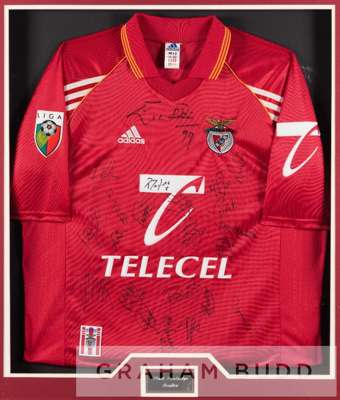 Mark Pembridge's team signed SL Benfica red home jersey, circa 1999,
 short-sleeved with LIGA badge, club crest and sponsor logos, signed in black mar