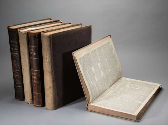Five bound volumes of "The Field, The Country Gentleman's Newspaper",
 with varied sporting content, for: 1886, two 1/2 year volumes and with a duplic