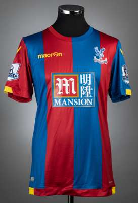 Emmanuel Adebayor blue and red Crystal Palace no.25 home jersey, season 2015-16,
 match-issue, Macron, short-sleeved with BARCLAYS PREMIER LEAGUE slee