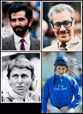 An album of signed photographs of flat race jockeys and owners, in sleeves in a ring binder file, 8 by 10 & 10 by 12in., colour & b&w, 109 photographs