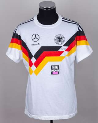 White, black, red and yellow Germany Italia 90 training short-sleeved shirt, 1990
