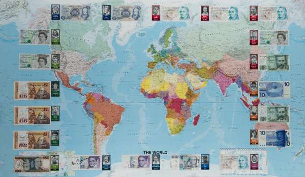 Signed Footballers of the World framed display, comprising a large scale map of the world applied with 20 banknotes each bearing the autograph of an i