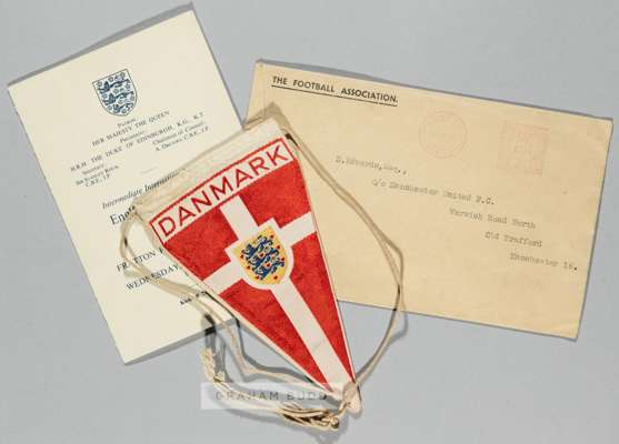 Duncan Edwards' official F.A. itinerary for the U-23 intermediate international match v Denmark played at Fratton  Park, Portsmouth, 28th September 19