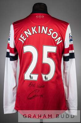 Carl Jenkinson double signed red and white Arsenal no.25 home jersey, season 2012-13,
 long-sleeved with BARCLAYS PREMIER LEAGUE sleeve badges, club c