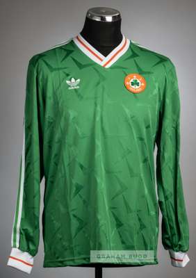 Green Republic of Ireland no.20 jersey v Wales at Racecourse Ground, Wrexham, 6th February 1991,
 Adidas, long-sleeved, with FA IRELAND country emblem
