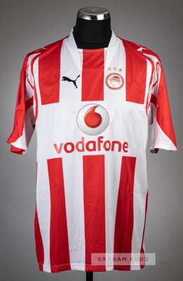 Seidu Yahaya red & white striped Olympiacos Piraeus no.12 home jersey, season 2007-08,
 Puma, short-sleeved with sleeve badge, club crest and sponsor 