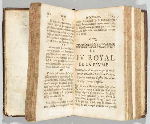 French 17th century book titled 'La Maison Académique des Jeux' with content including a chapter translating as 'The Royal and Honourable Game of Jeu 