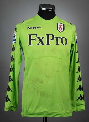 Mark Schwarzer lime green Fulham no.1 goalkeeping jersey v Manchester City, played at Craven Cottage, on 18th September 2011,
 match-issue, Kappa, lon