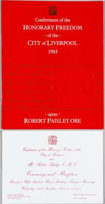 Brochure for the Conferment of the Honorary freedom of the City of Liverpool awarded to Robert "Bob" Paisley, 23rd November 1983, held at Liverpool Un