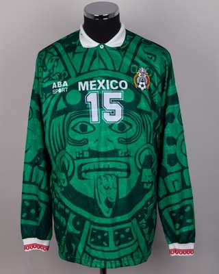 Mexico - green No.15 Mexico match issued long-sleeved Aztec shirt, 1997-98