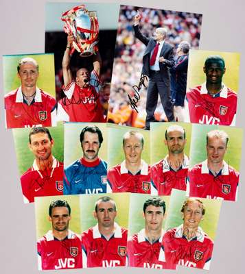 Arsenal FC signed photographs of the legends that won the double, 1997-98,
 including Tony Adams (captain), David Seaman, Lee Dixon, Nigel Worthington