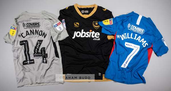 Three signed Portsmouth FC jersey's,
 comprising Andy Cannon grey and black no.14 away jersey, season 2019-20, short-sleeved with SKYBET WHEN THE FUN 