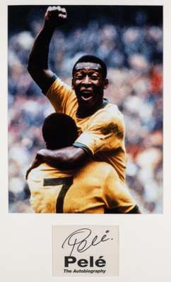 Pele signed photographic display,
 featuring a colour image of Pele celebrating mounted above a black marked signed titled autograph, glazed and frame