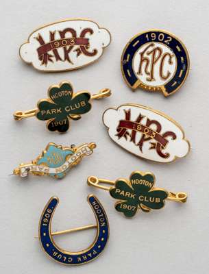 Seven Hooton Park Club racing badges, defunct racecourse, near Liverpool dating from 1902-07,
 comprising gilt metal and enamel badges, each bearing t