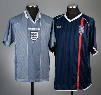 TWO RETRO ENGLAND SHIRTS INCLUDING 1996 EUROPEAN CHAMPIONSHIP SHIRT,
 TOTAL PF TWO SHIRTS, (2)