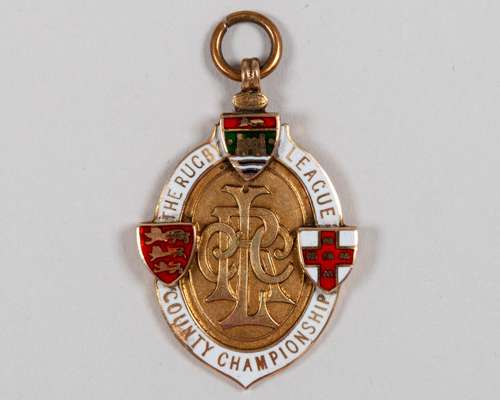 Martin Hodgson 14ct gold and enamel rugby league championship winners medal, 1932-33