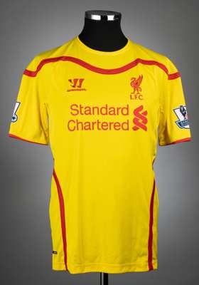 Lazar Markovic yellow & red Liverpool no.50 away jersey, season 2014-15,
 match-issue, Warrior, short-sleeved with BARCLAYS PREMIER LEAGUE sleeve badg