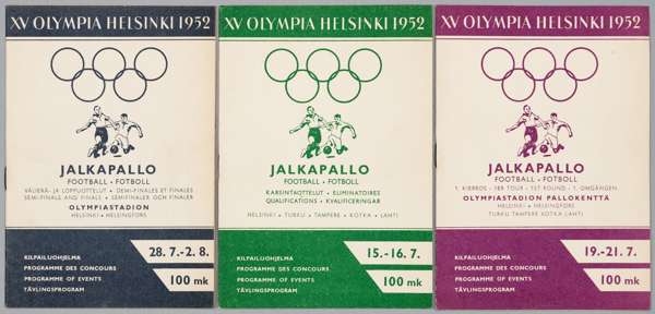 Helsinki 1952 Olympic Games three football programmes, 
 covering the qualification matches, first round matches and semi-finals, third/fourth place a