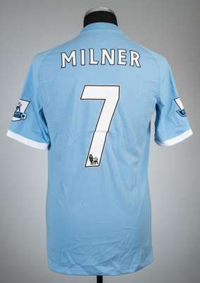 James Milner blue Manchester City no.7 home jersey, season 2010-11,
 Umbro, short-sleeved with BARCLAY PREMIER LEAGUE sleeve badges, club crest and sp