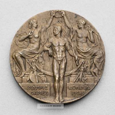 London 1908 Olympic Games bronze prize medal awarded to the Great Britain team in the Men's 50 Yard Revolver and Pistol competition, 11th July,
 bronz