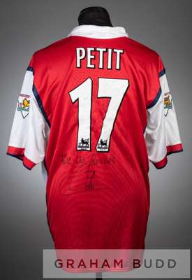 Emmanuel Petit signed red and white Arsenal no.17 home jersey, season 1998-99,
 short-sleeved with THE FA PREMIER LEAGUE CHAMPIONS 1997-1998 sleeve ba