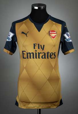 Theo Walcott gold & navy Arsenal no.14 away jersey, season 2015-16,
 match issue, Puma, short-sleeved with BARCLAYS PREMIER LEAGUE sleeve badge, club 