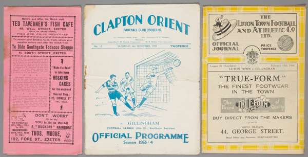 Three Gillingham away programmes,
 F.L. Division Three South fixtures, at Exeter City 7th October 1933, Clapton Orient 4th November 1933 and Luton Tow